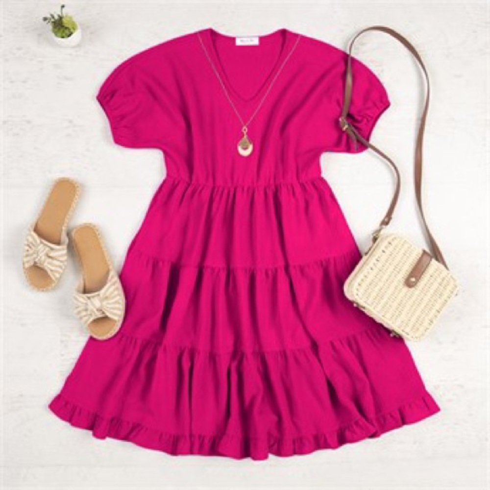 Puff Sleeve V Neck Tiered Ruffled Dress, Size S